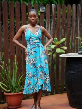 Turquoise Floral Wrap Midi Dress with Ruffle Hem